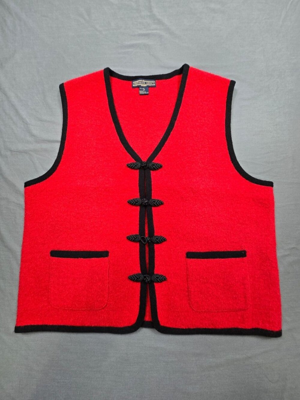 Herman Geist 2X Womens 100% Wool Vest Red Black Trim Boho Front Pockets